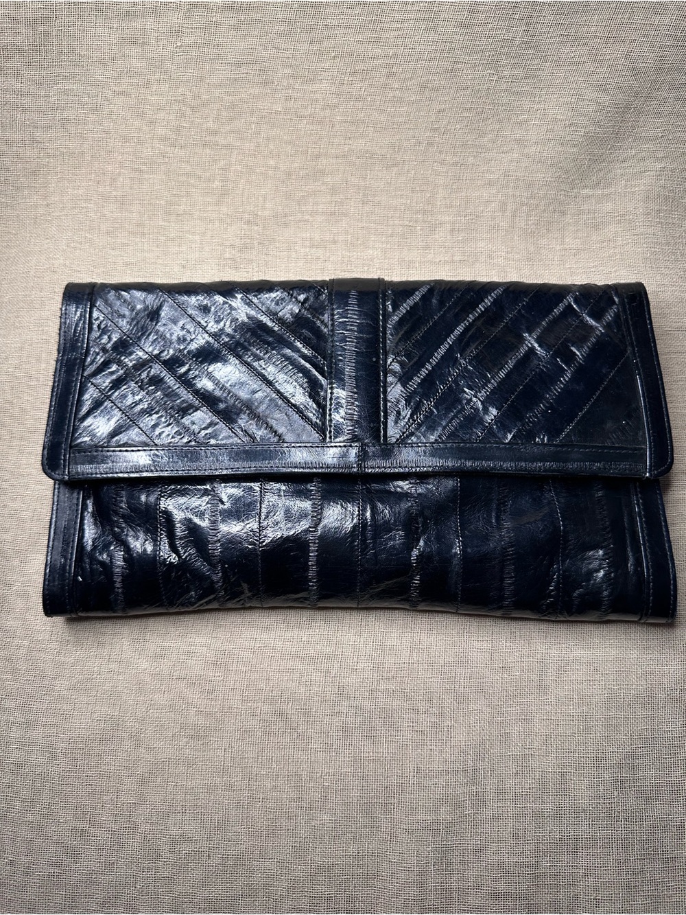Vintage 1980s Genuine Black Eel Skin Envelope Clutch Bag